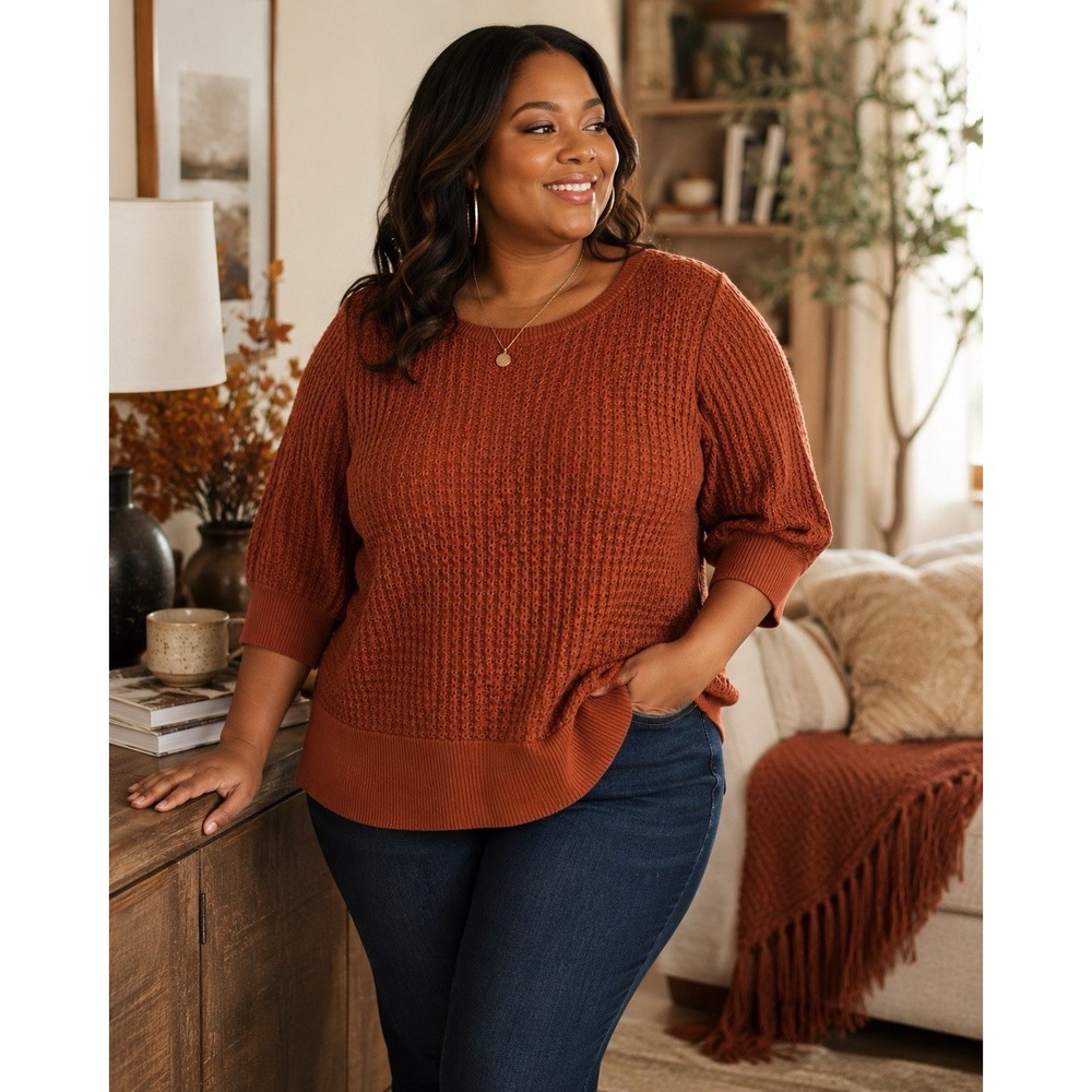 Women's Plus Size 2X Rust Textured Knit Sweater 3/4 Sleeve Boho Pullover